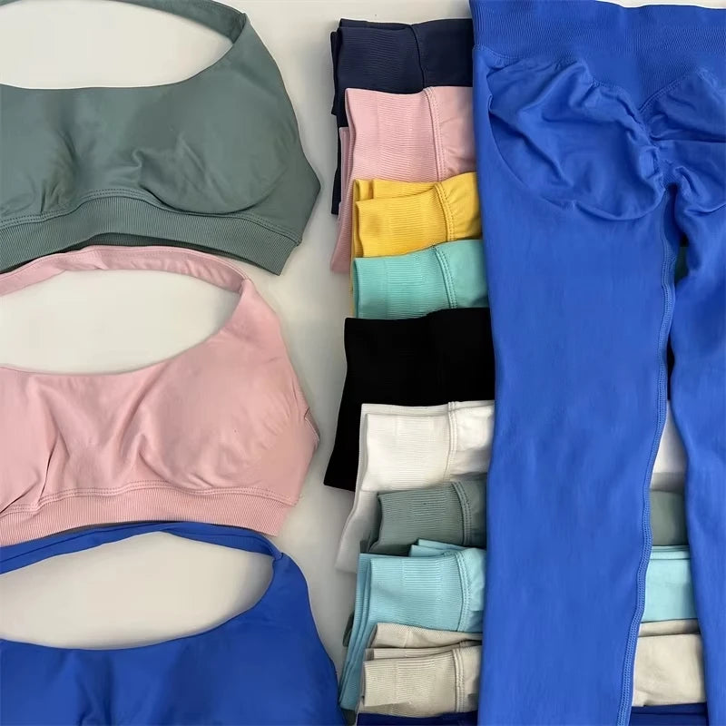 Ladies seamless yoga suit; two-piece fitness leggings; hip-lifting yoga pants set; gym sport suit; backless sports bra with