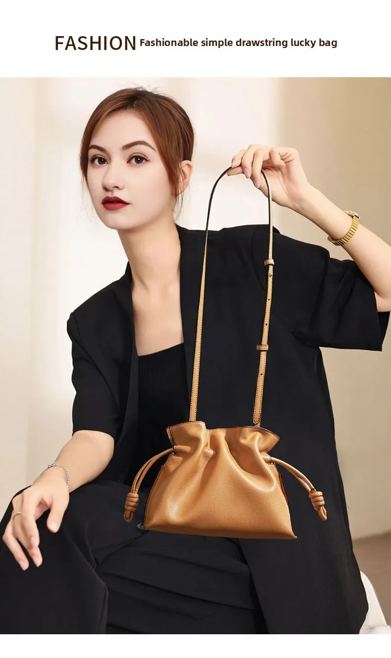 Classic Flamenco Lucky Bag, Genuine Leather Cloud Bag with Drawstring, Shoulder Bucket Bag for Women, Autumn and Winter