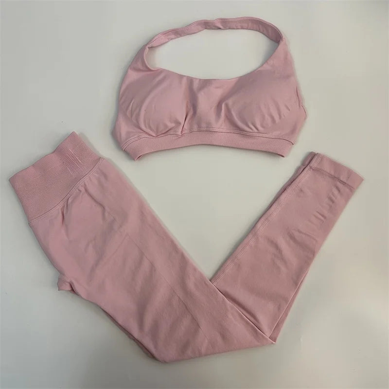 Ladies seamless yoga suit; two-piece fitness leggings; hip-lifting yoga pants set; gym sport suit; backless sports bra with