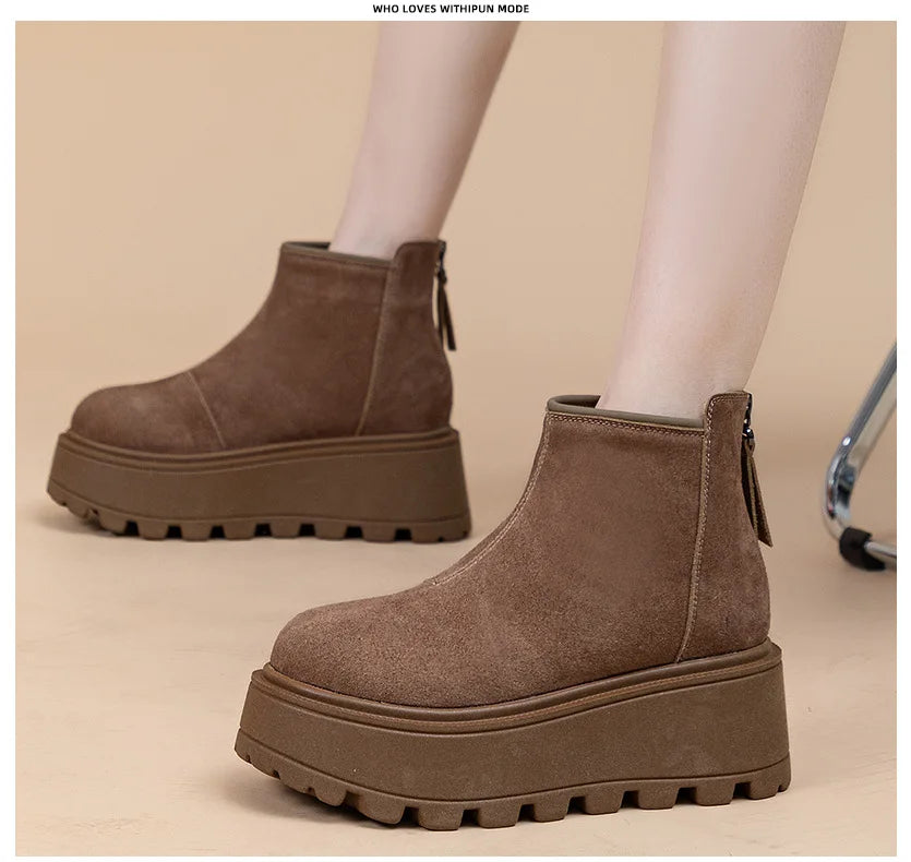 Fujin 7cm Suede Cow Genuine Leather Snow Boots Women Ankle Booties Platform Wedge Winter Plush Chelsea Boots Shoes for Women