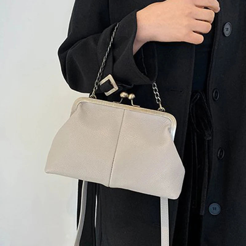 Vintage Soft Skin Shell Bag New Lychee Pattern Handbag Simple And Versatile Shoulder Bag Clip Chain Crossbody Women's Bag