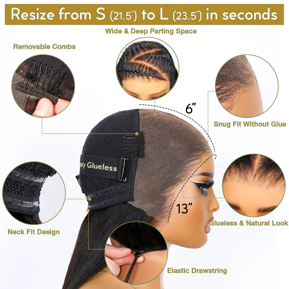 Ossilee 220 Density Pull Go Glueless Wigs with Elastic Drawstring Straight 13x6 HD Lace Front Human Hair Wigs Pre Cut Lace Wig