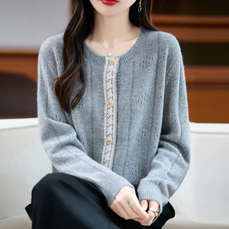Slimming Soft Lace Splice Knitted Base Shirt French Design Sensation Knitted Open Cardigan Fashionable Anti-Aging Outerwear