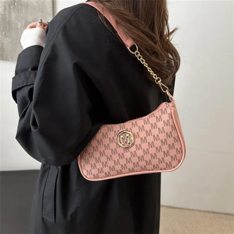Vintage Style Handbag Crossbody Bag, Gold Letter 'M' Design Pu Leather Shoulder Messenger Bag, Synthetic Leather Tote Bag, Purse