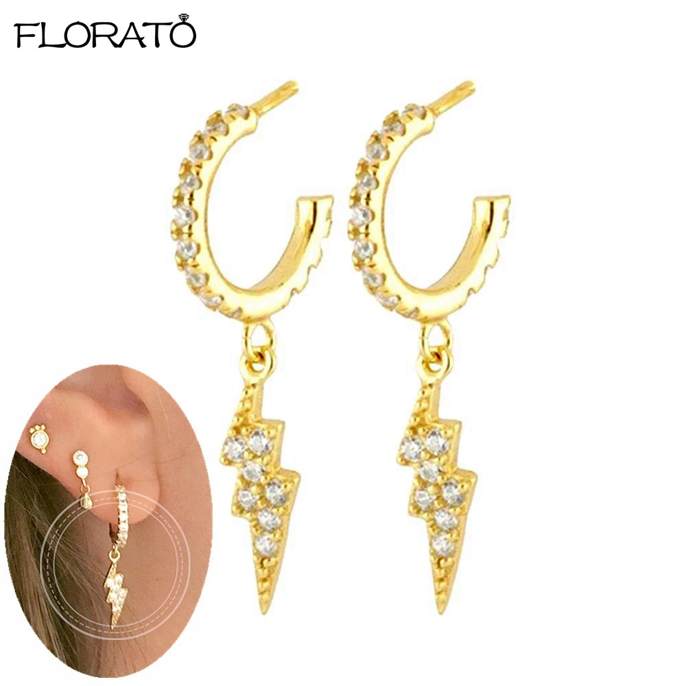 925 Sterling Silver Needle Lightning Pendant Earrings Charming Pave Crystal Gold Hoop Earrings for Women Fashion Jewelry Gifts