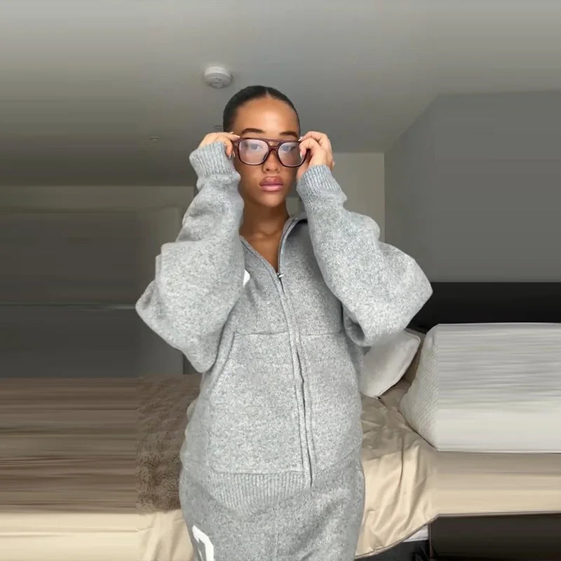 Knitted Women's Pant Sets Hooded Long Sleeve Dropped Shoulder Zipper Female Jacket Solid Elastic Waist Straight Pants For Ladies