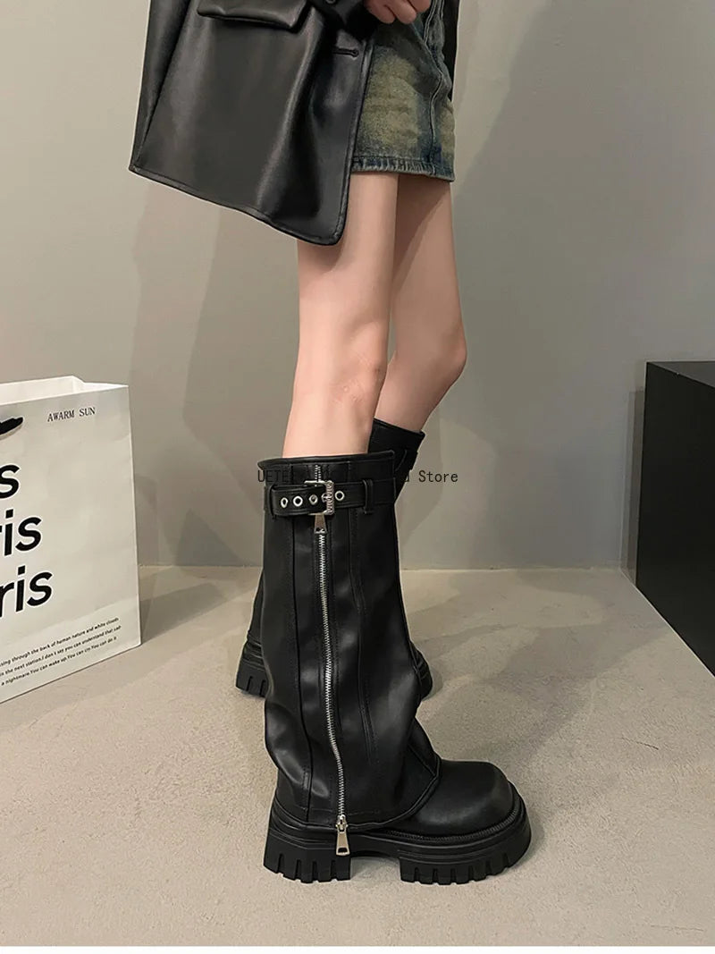 Winter Women Biker Boots Fashion Belt Buckle Ladies Elegant Platform Long Pipe Booties Casual Women's Knee High Booties