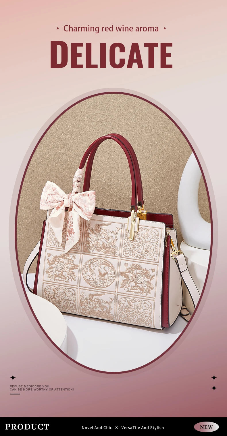 FOXER Split Leather 2025 Autumn Winter New Large Tote Handbag Women's Shoulder Bag Chinese Classic Embroidery Best Gift for Mom