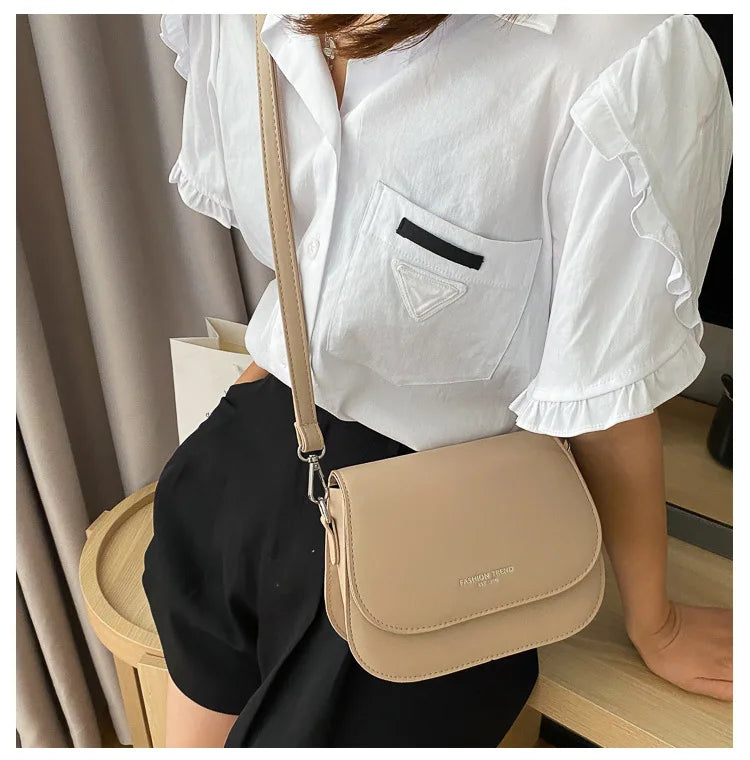 Trendy Saddle Shoulder Bag Women PU Leather Crossbody Bag Simple Solid Color Flap Messenger Bag Fashion Handbags Pouch
