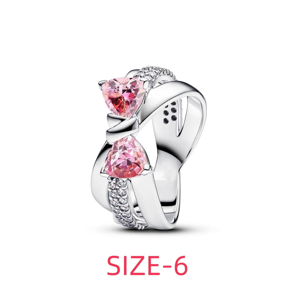 Original 925 Sterling Silver Colorful Bow Set Necklace Ring Earring Crystal For Women Valentine's Birthday Gift DIY Jewellery