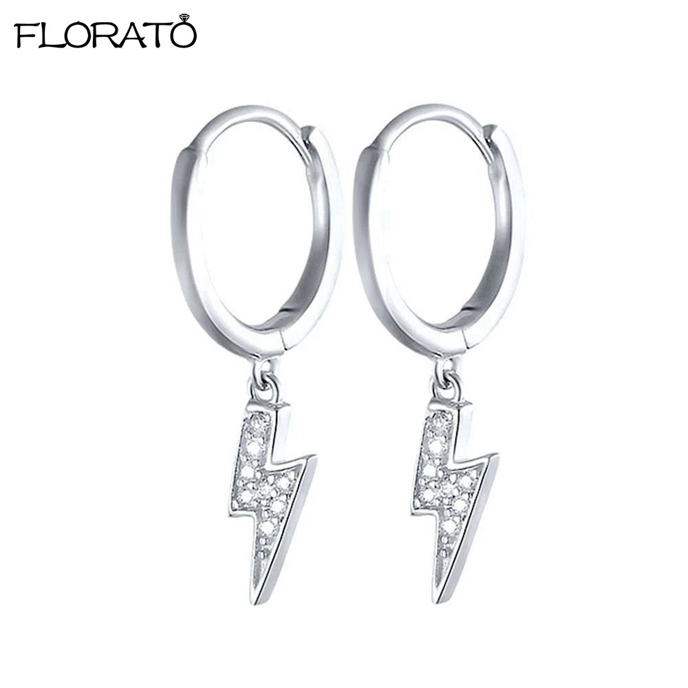 925 Sterling Silver Needle Lightning Pendant Earrings Charming Pave Crystal Gold Hoop Earrings for Women Fashion Jewelry Gifts