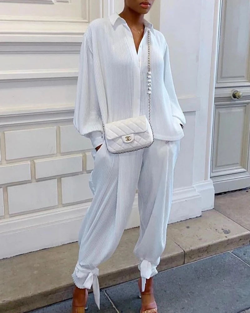 Classic Solid Shirt Pants Set Women Casual Loose Long Sleeved Lapel Elastic Waist Two Piece Suit 2025 New Summer Street Outfit