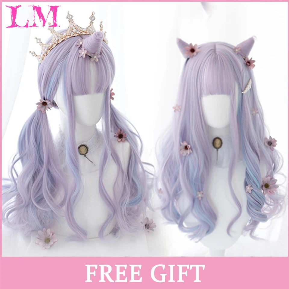 LM Cosplay Wig With Bangs Synthetic Straight Hair 24 Inch Long Heat-Resistant Pink Wig For Women