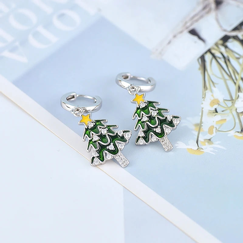 New 925 Sterling Silver Ear Needle Christmas tree/snowflake pendant Hoop Earrings For Women fashion Christmas gifts accessories