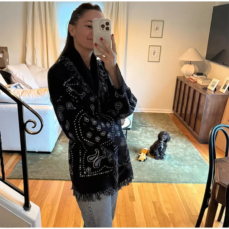 Tassel Patchwork Printed Cardigan Women Fashion V-neck Long Sleeve Loose Outerwears Lady Autumn Daily Commute Street Cardigans