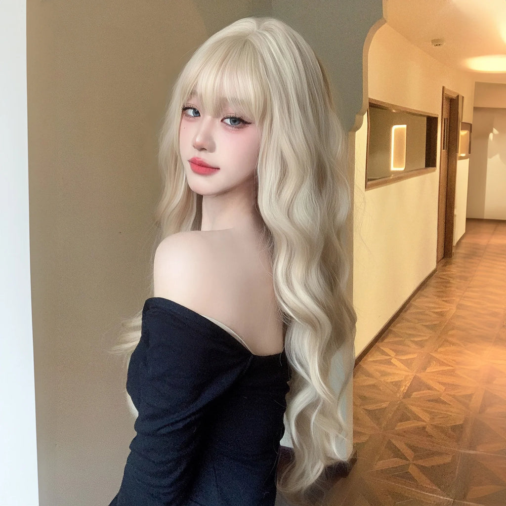 Platinum 613 Blonde Wig Long Wavy Synthetic Wig with Bangs Curly Mixed Golden for Women Cosplay Party Daily Use Heat Resistant