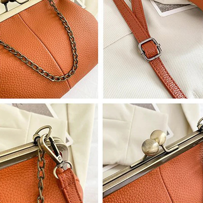 Vintage Soft Skin Shell Bag New Lychee Pattern Handbag Simple And Versatile Shoulder Bag Clip Chain Crossbody Women's Bag