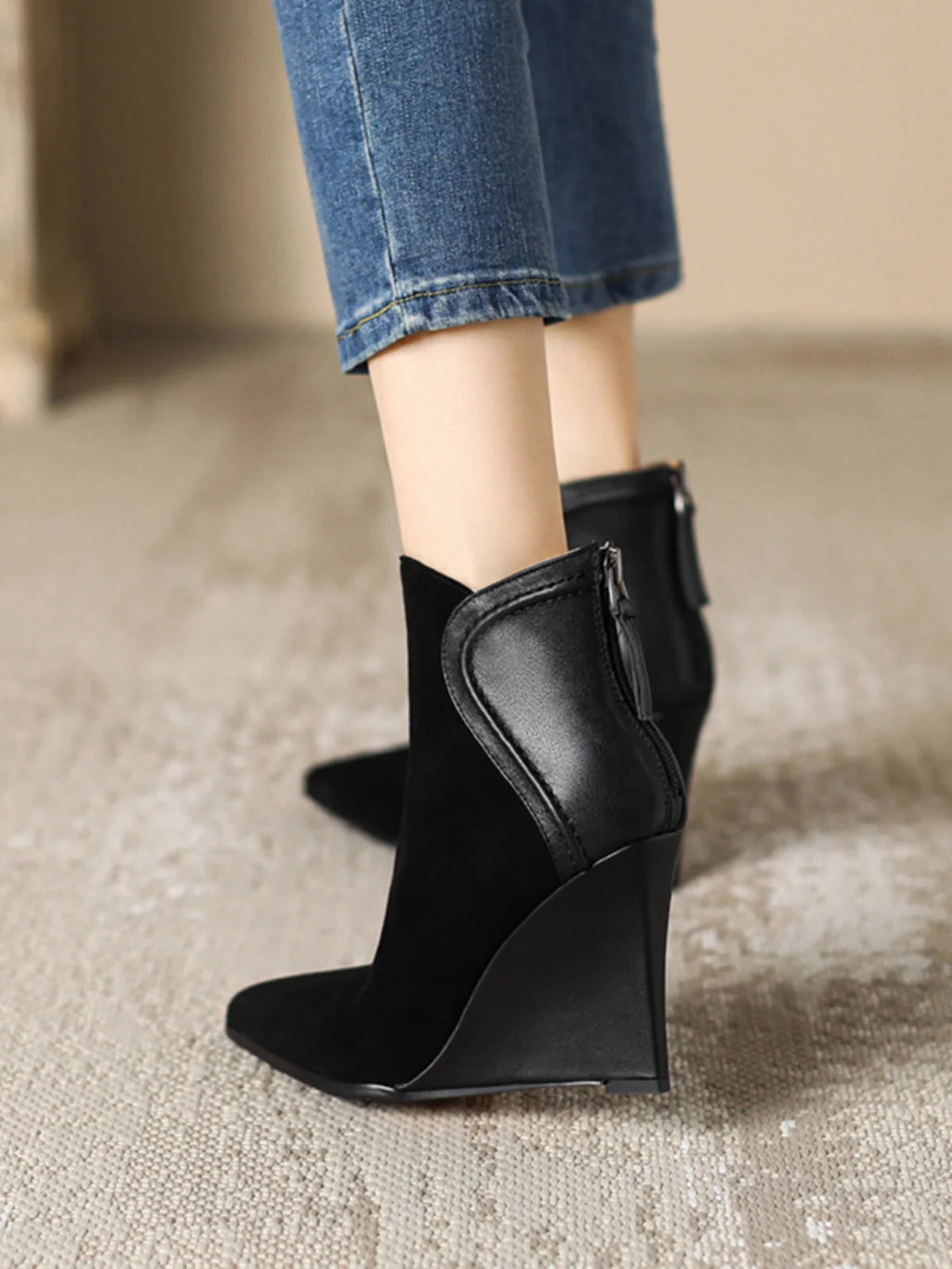 Wedges Women's Ankle Boots Pointed Toe Fashion Shoes Designer Suede Winter Boots 2025 High Heels Dress Luxury Botas Para Mujer
