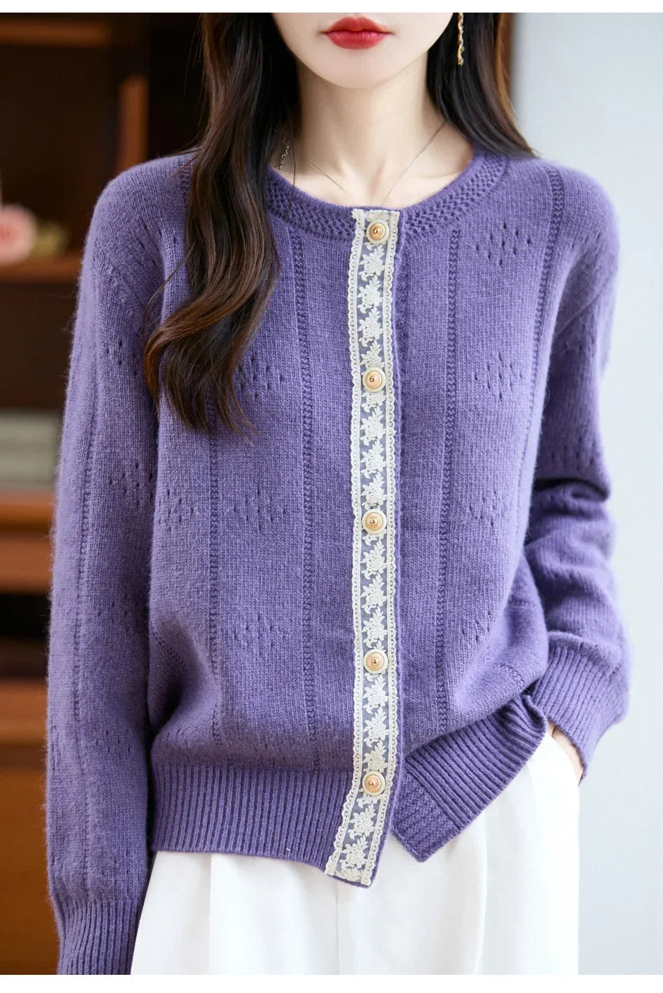 Slimming Soft Lace Splice Knitted Base Shirt French Design Sensation Knitted Open Cardigan Fashionable Anti-Aging Outerwear