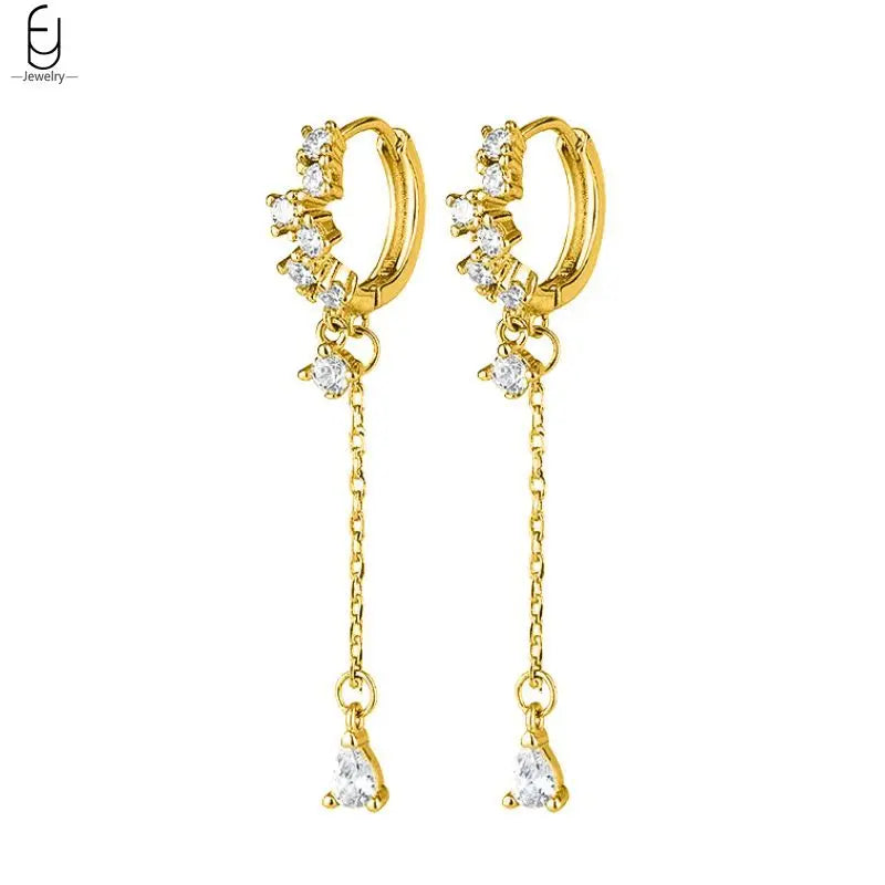 925 Sterling Silver Needle Vintage Gold Earrings Luxury Long Chain Tassel Crystal Hoop Earrings for Women Party Trend Jewelry