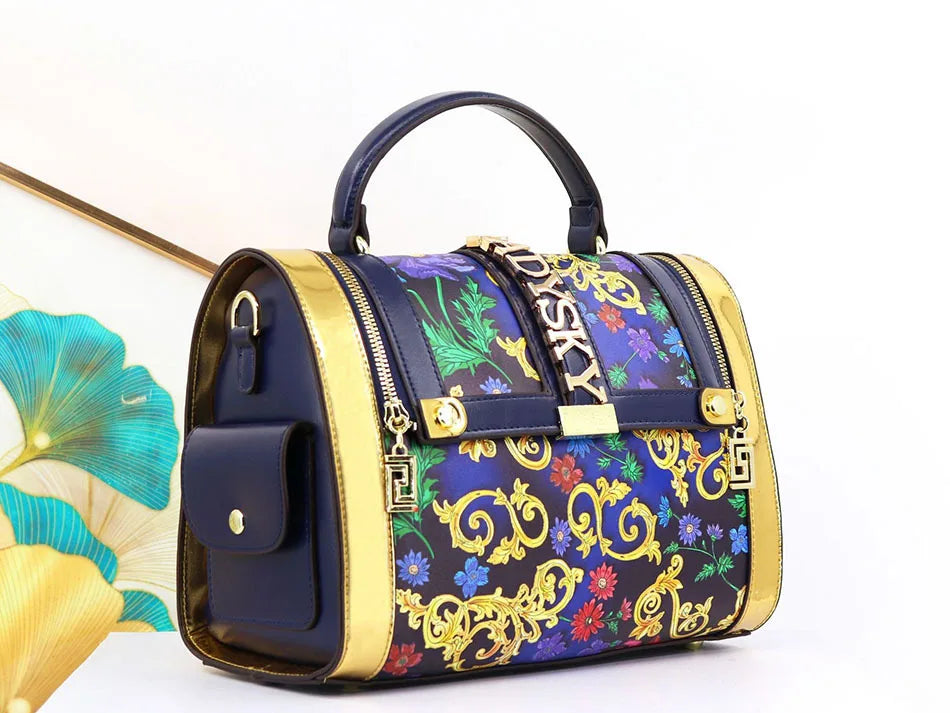 Women Boston Bag Printed Pattern Handbag Large Capacity Shoulder Crossbody Bag Double Zipper Half Cover Style Top Top Handle Bag