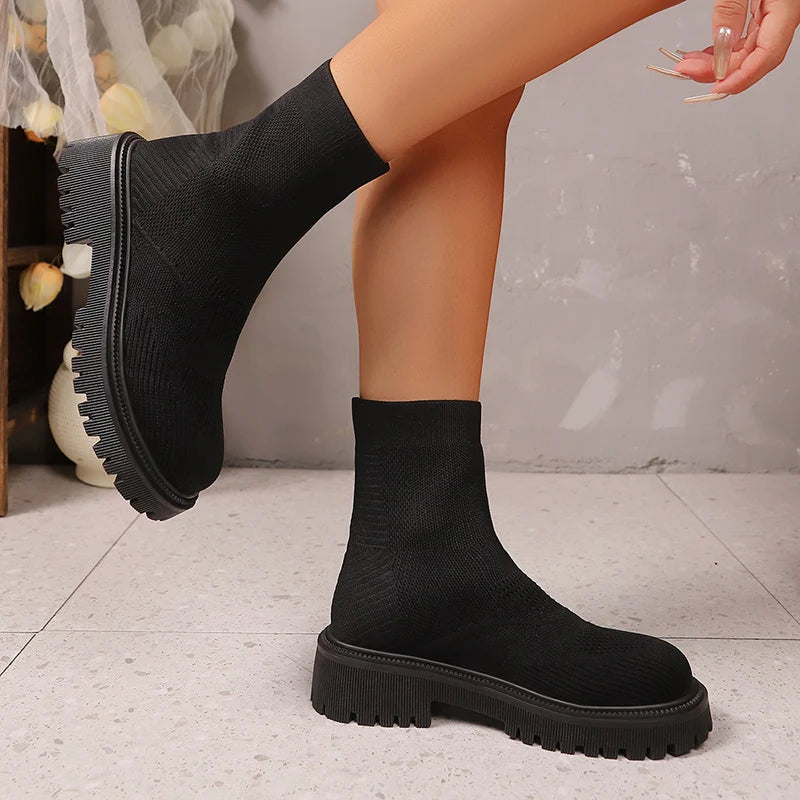 Bright Green Knitted Ankle Boots for Women 2025 Autumn Winter Non Slip Platform Booties Woman Casual Short Botas Shoes Mujer 42