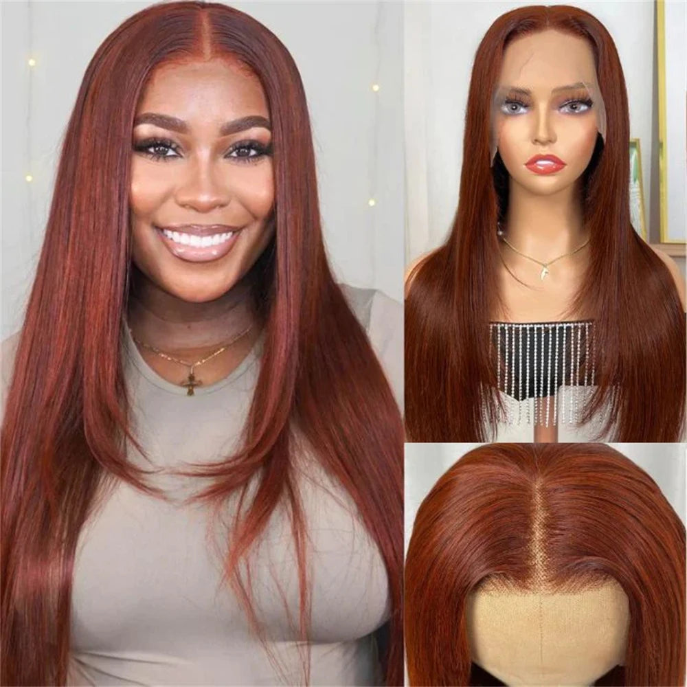 Copper Red Layered Cut Lace Front Wigs Reddish Brown Straight Lace Frontal Wig Layered Glueless Wigs Synthetic Butterfly Haircut