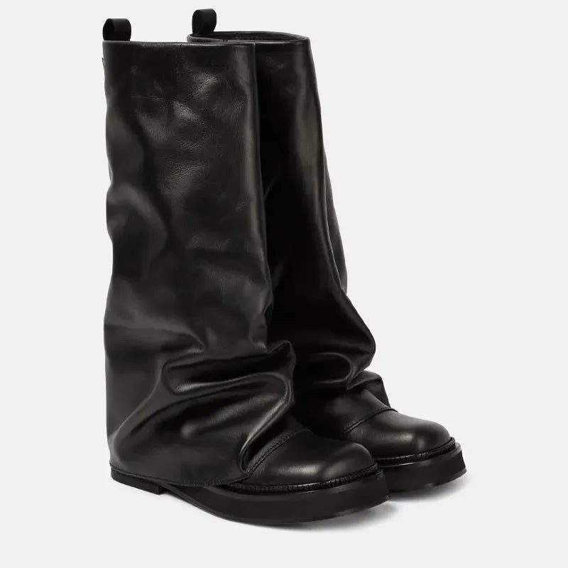 Women's New Autumn and Winter Calf Boots with Pleated Thick High Heels and Fashionable Oversized Street Leather Mid Leg Boots