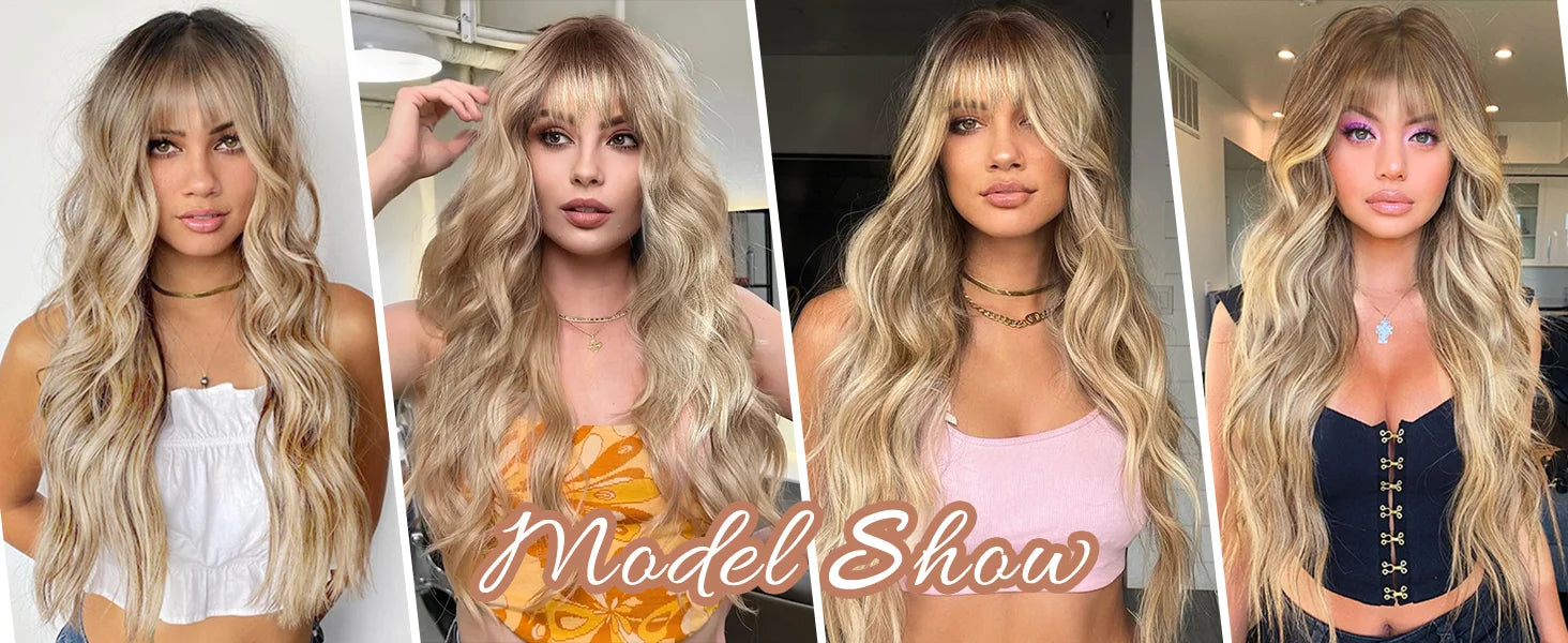 Synthetic Long Blonde Wigs with Bangs for Women Curly Wavy Hair Wigs Heat Resistant Fiber Wigs for Daily Party Use 26 Inches
