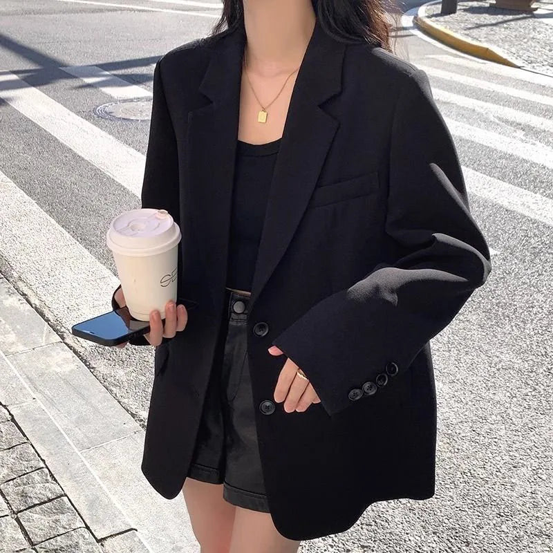 Autumn Winter Black Blazers for Women Fashion Streetwear Single-Breasted Small Suit Jacket Casual Loose Long Sleeve Outerwear