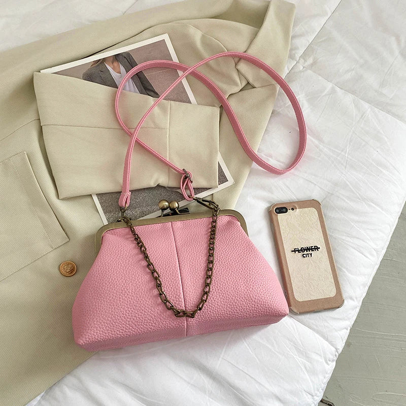 Vintage Soft Skin Shell Bag New Lychee Pattern Handbag Simple And Versatile Shoulder Bag Clip Chain Crossbody Women's Bag