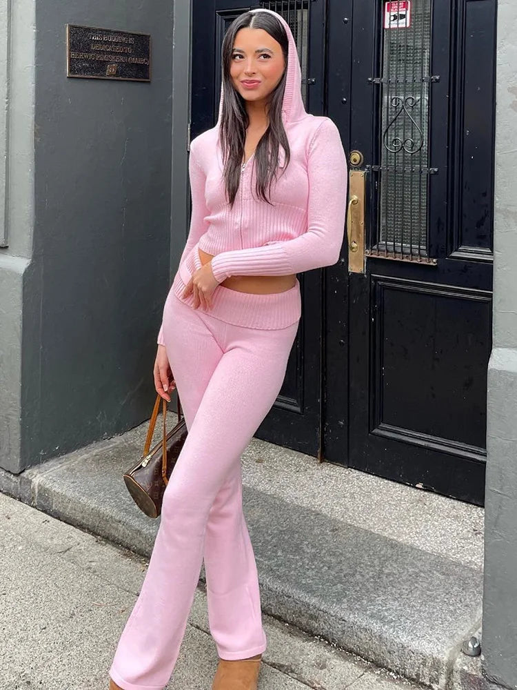 Apprabant Rib Knitted Two Piece Set Women Tracksuit Long Sleeve Zipper Hoodies Skinny Pants Sets Casual Solid Sweatshirt Suits