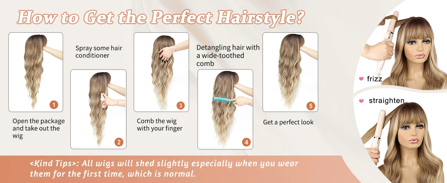 Synthetic Long Blonde Wigs with Bangs for Women Curly Wavy Hair Wigs Heat Resistant Fiber Wigs for Daily Party Use 26 Inches