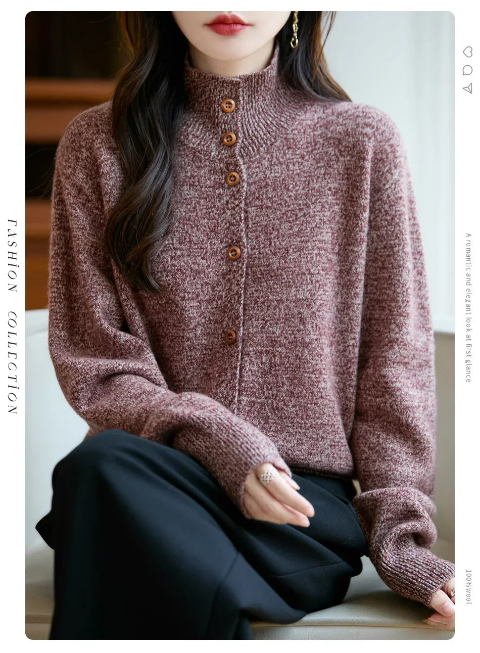Pure Wool Thickened Knitted High Collar Sweater Coat for Women Winter Season Button up Cardigan Outerwear Floral Pattern