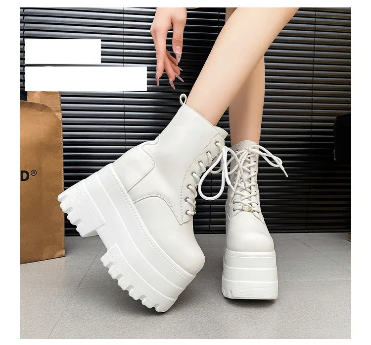 Women 13 CM Platform Boots Casual Outdoor Shoes Chunky Simple Lace Up Design Ankle Boots Cool Nightclub Party Black Shoes 35-43