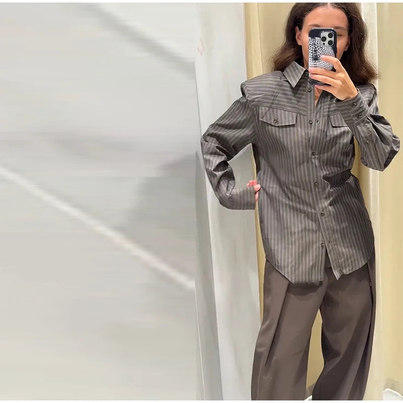 Vintage Stripe Shirt Pant Sets Women's Lapel Single-breasted Tops Front Pleated Trousers 2025 New Ladies Autumn Solid Streetwear