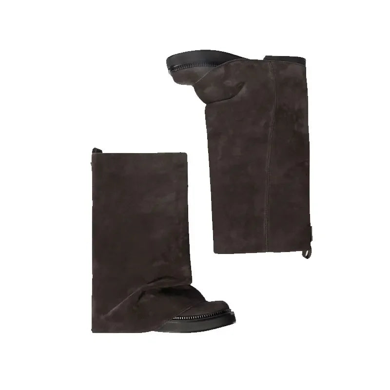 Women's New Autumn and Winter Calf Boots with Pleated Thick High Heels and Fashionable Oversized Street Leather Mid Leg Boots