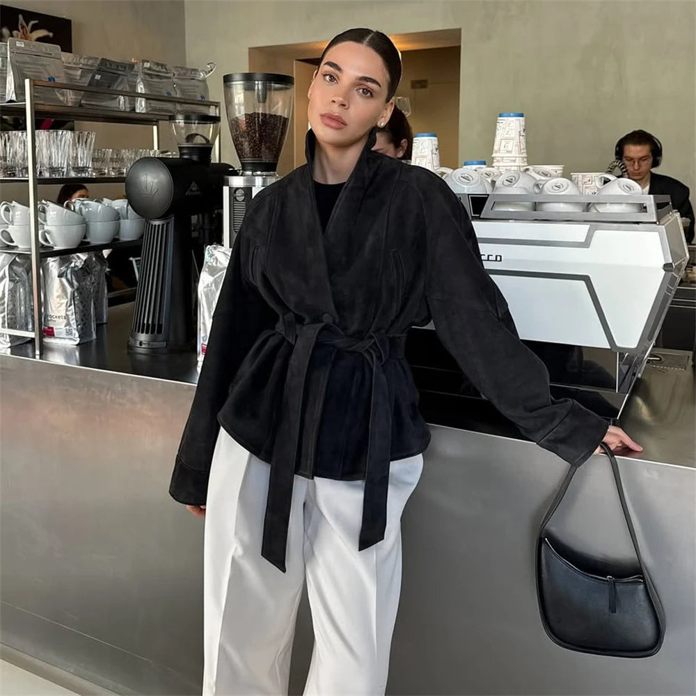 Tornova Retro Suede Long-sleeved Jacket Coat Female V neck Lace Up Jacket 2025 Autumn Winter New Commute Office Lady Outerwear