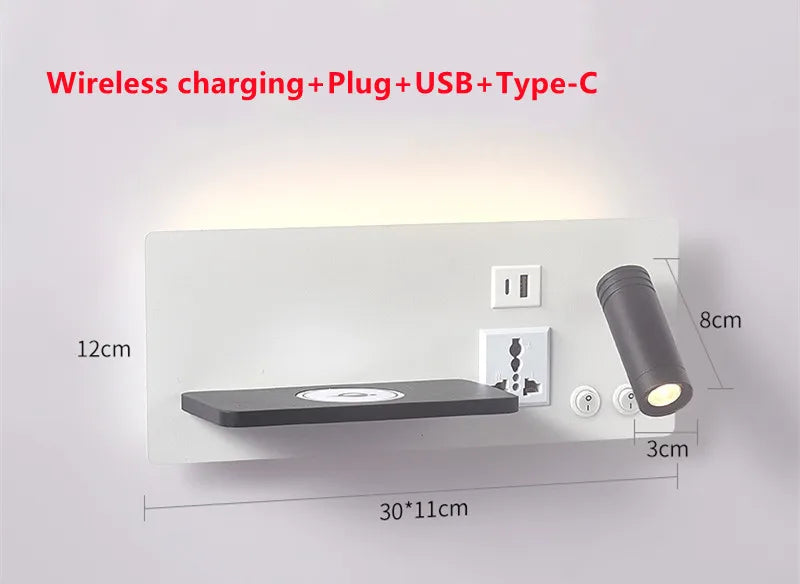 Wireless Charging Wall Lamp Bedroom Bedside USB Wall Light Rotatable Reading Lamp Study Room Switch Modern Multifunctional Hotel