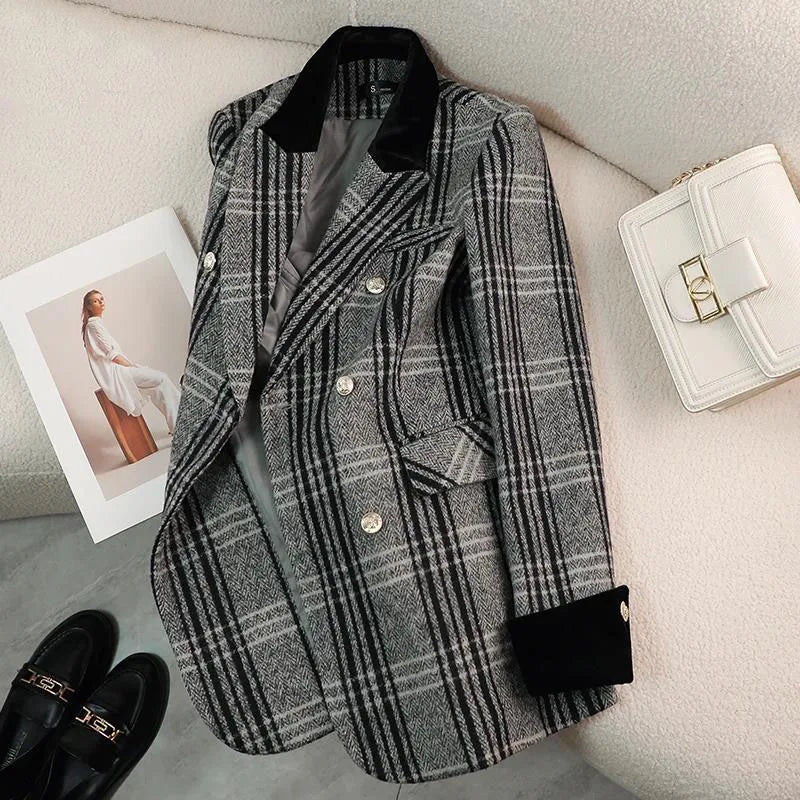 Autumn Winter New Blazer Coats Women's Woolen Jackets Long Sleeve Plaid Print Vintage Thick Outerwears Elegant Jaqueta Feminina