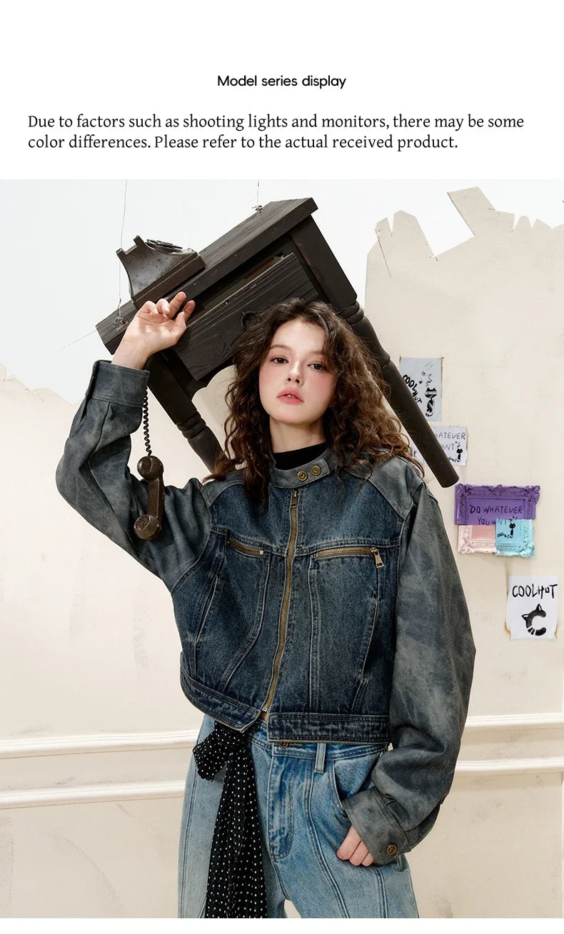 COOLHUT New Arrival Women's 2025 American Style Denim Jacket Stand Collar Color Block PU Trim Slim Fit Casual Fall Outerwear
