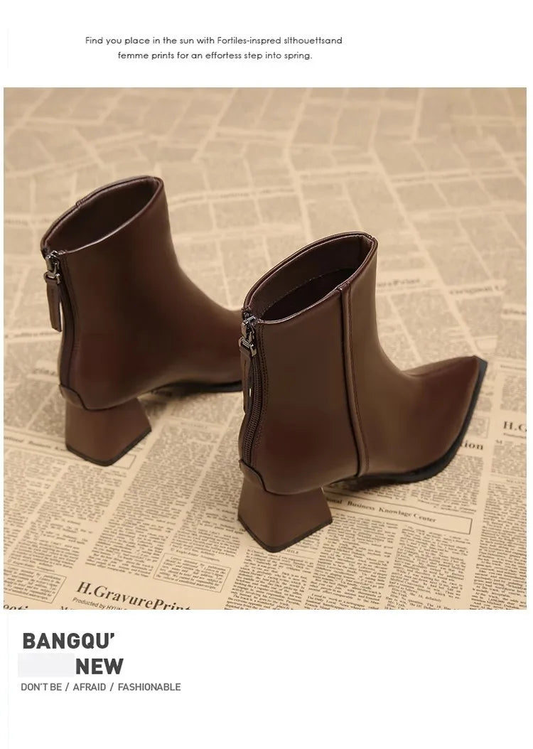 Women Artificial Leather Ankle Boots 2025 Autumn Fashion Square Heel Short Boot Ladies Casual Zipper Low Heel Shoes Botas Mujer