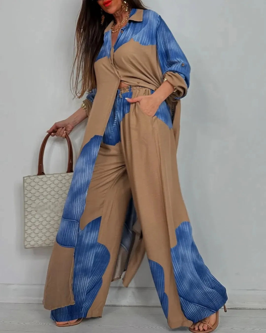Women Pant Sets Print Long Shirts Two Piece Single Breasted T Shirt Fulls Sleeve Loose Elegant Wide Leg Pants Patchwork