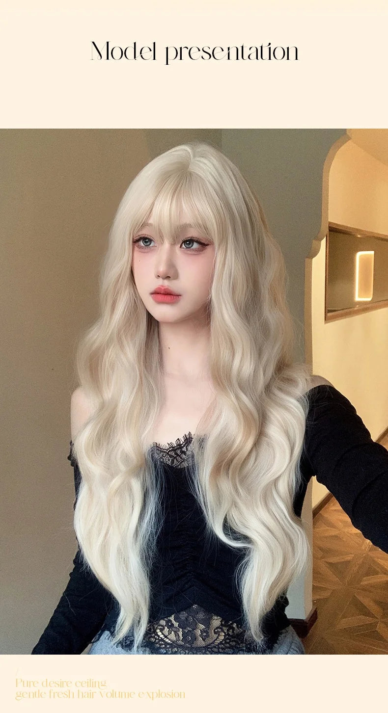 Platinum 613 Blonde Wig Long Wavy Synthetic Wig with Bangs Curly Mixed Golden for Women Cosplay Party Daily Use Heat Resistant
