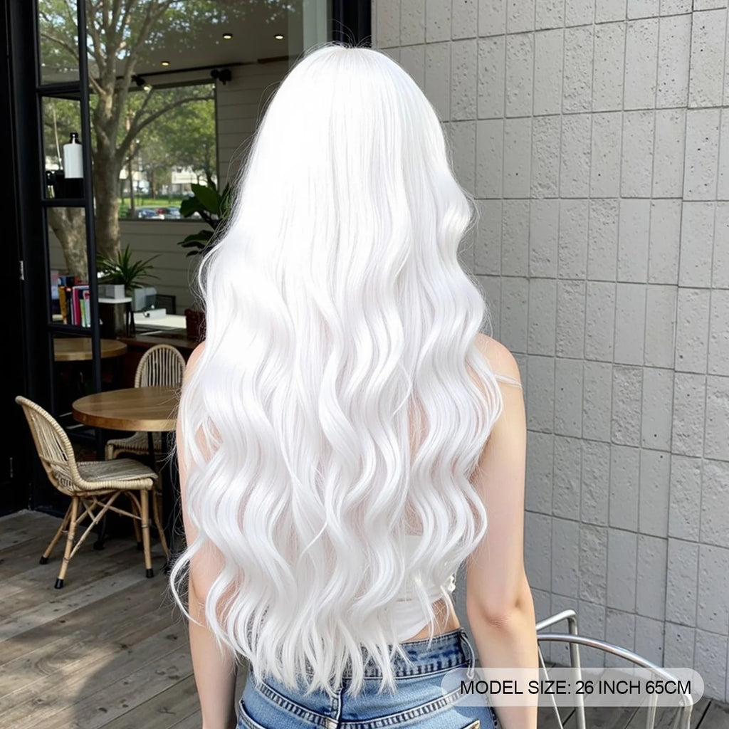 Super Long Curly Silver White Synthetic Wig Medium Part Water Wave Wigs For Women Daily Cosplay Halloween Colorfull Fake Hair