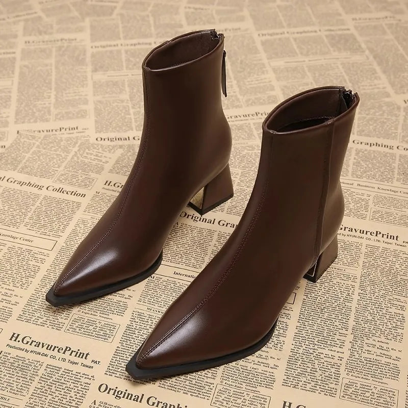 Women Artificial Leather Ankle Boots 2025 Autumn Fashion Square Heel Short Boot Ladies Casual Zipper Low Heel Shoes Botas Mujer