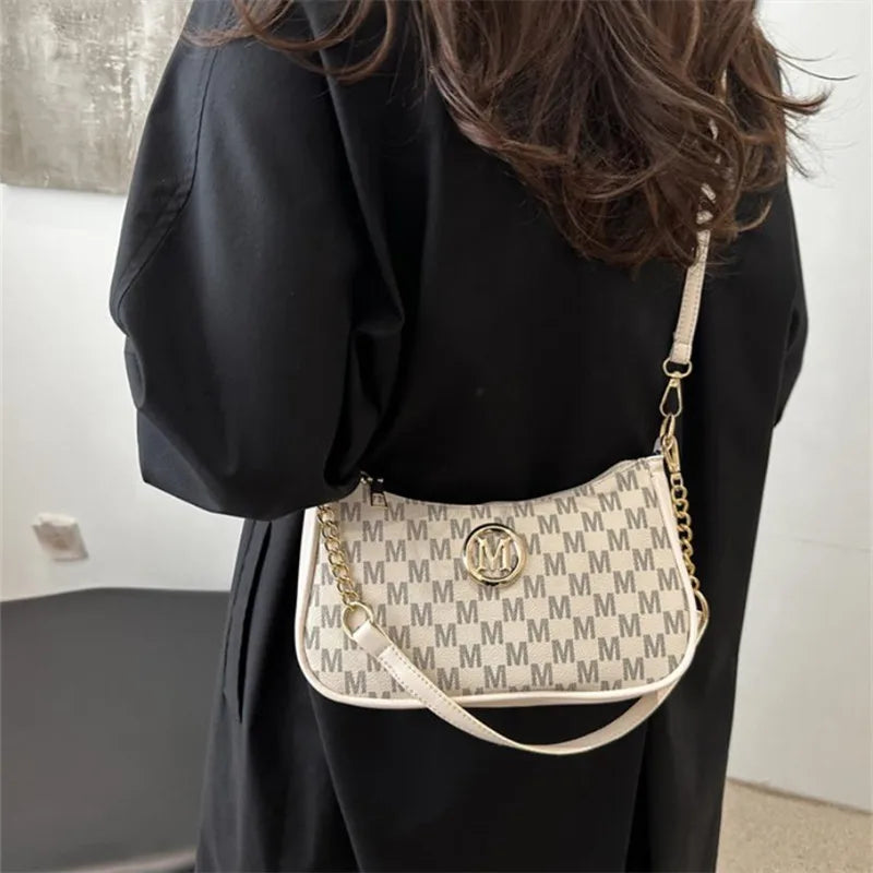 Vintage Style Handbag Crossbody Bag, Gold Letter 'M' Design Pu Leather Shoulder Messenger Bag, Synthetic Leather Tote Bag, Purse