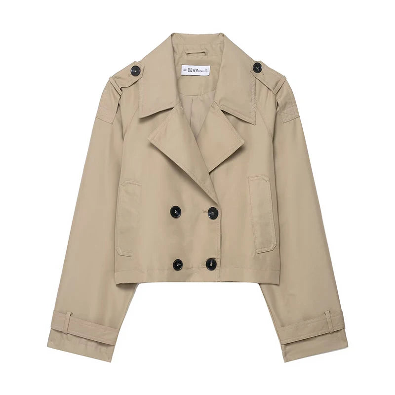 Women's Fashion Double Breasted Short Trench Coat Turn-down Collar Long Sleeve Coats Vintage Female Outerwear Chic Tops