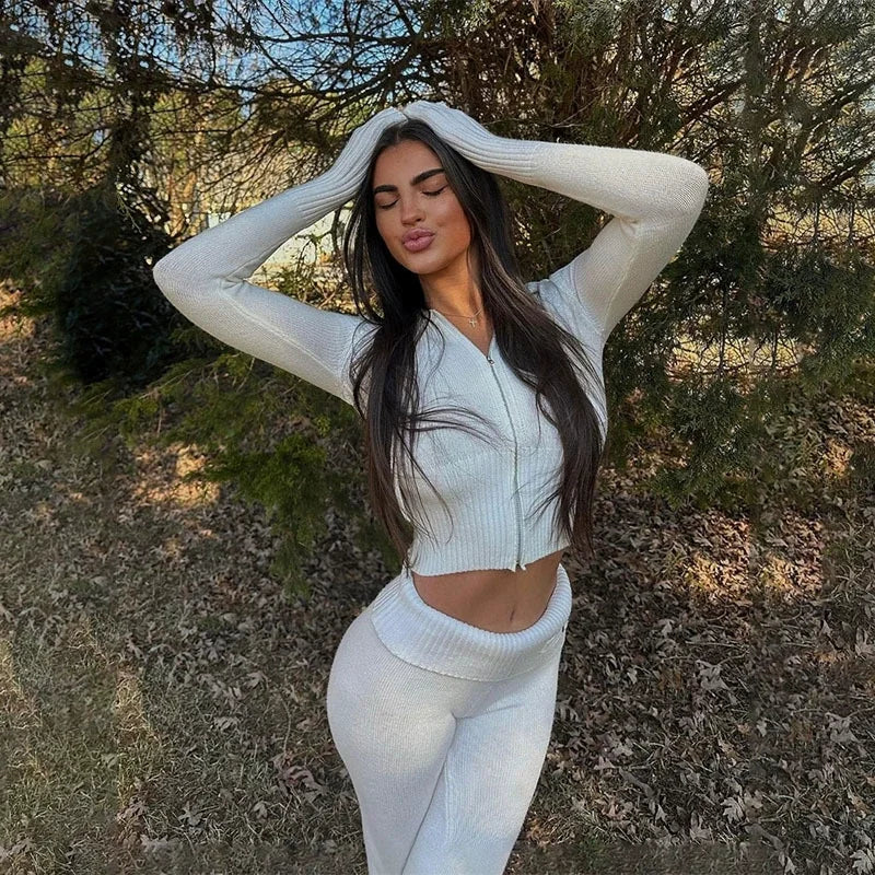 Apprabant Rib Knitted Two Piece Set Women Tracksuit Long Sleeve Zipper Hoodies Skinny Pants Sets Casual Solid Sweatshirt Suits