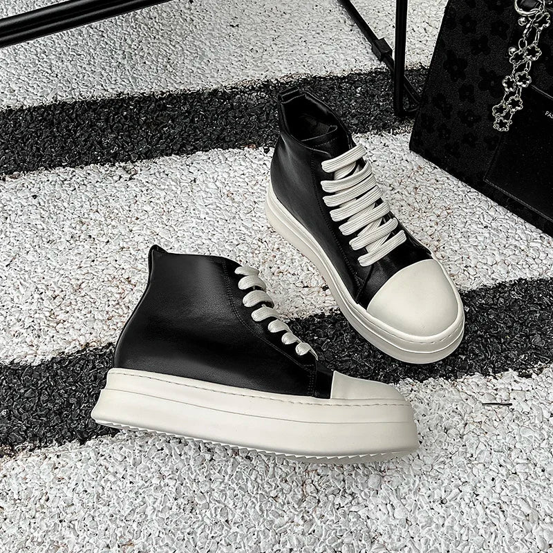 Street Style Ankle Boots for Men Genuine Leather High Top Shoes Fashion Brand Motorcycle Boots Thick Bottom  Male Walking Shoes